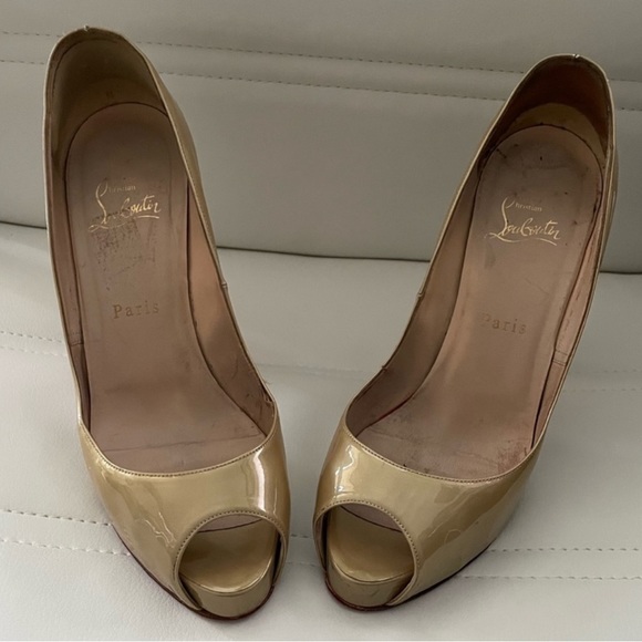 Christian Louboutins Gold Peep Toe Heels - Picture 3 of 7